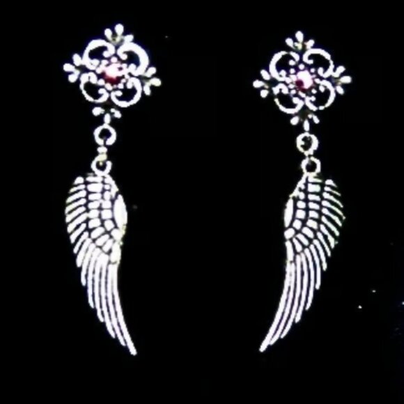 Embellished Silver Angel Wing Earrings - Picture 2 of 2